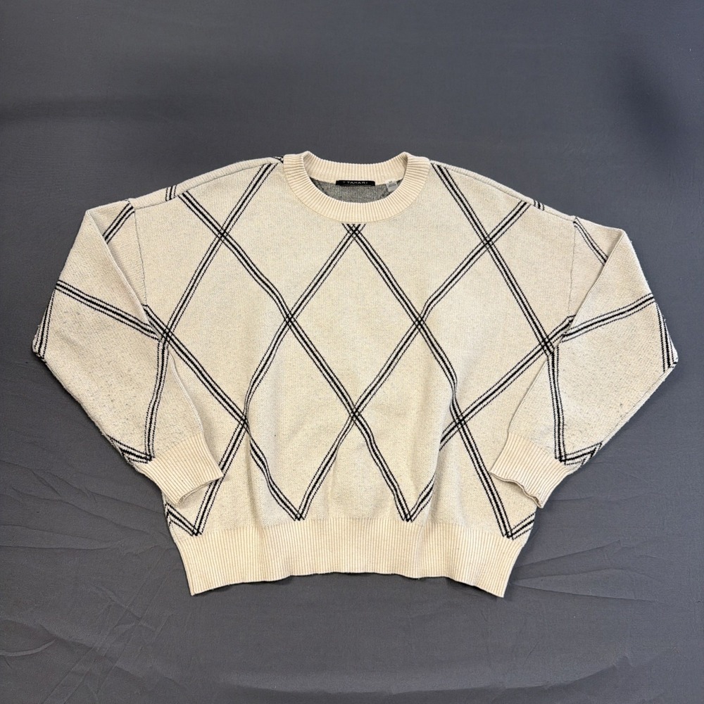 NWT T Tahari Women's Striped Long Sleeve Crew Neck Sweater Cream Size S/P